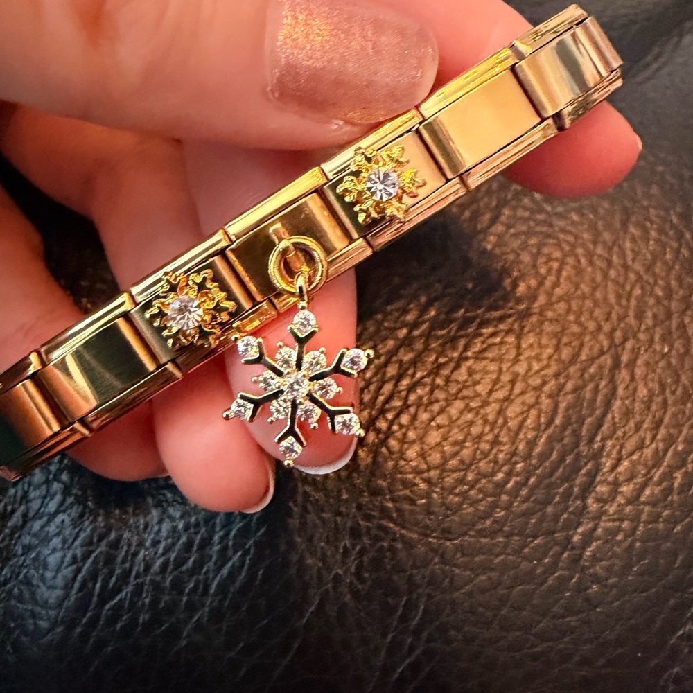Winter Chic Gold-Tone Italian Charm Bracelet with Crystal Snowflakes